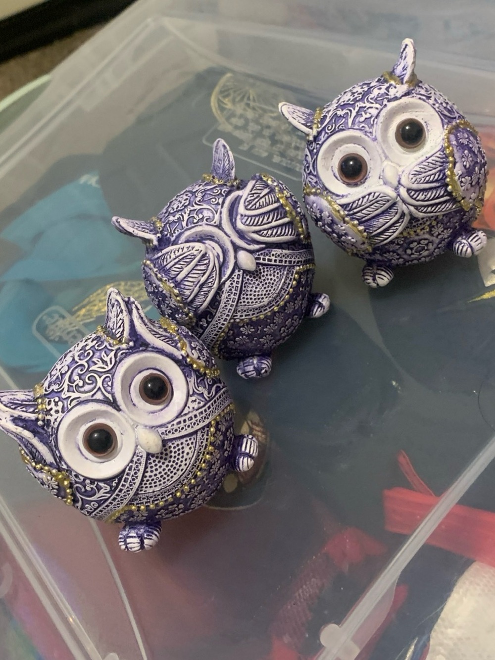 Blue and White Ceramic Owl Figurines with Gold Accents - Decorative Home Art